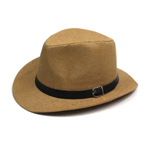 Women Men Summer Straw Fedora Hat Wide Brim Panama Sun Hat With Faux Leather Belt Buckle Breathable Paper Straw Jazz Cap