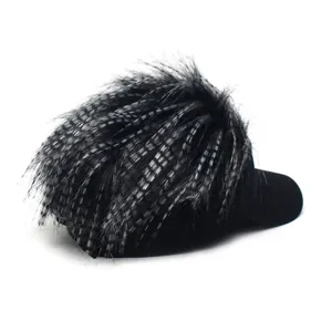 Hip hop baseball cap in black with creative faux fur wig mohawk, 45-degree angle view