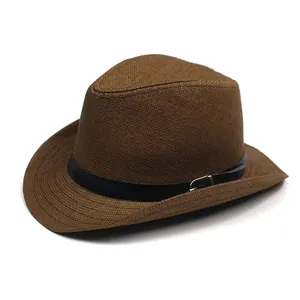 Classic dark brown straw fedora hat with black belt band and silver buckle detail