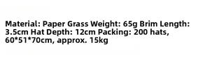 Size chart showing 3.5cm brim, 12cm depth and 65g weight for this paper straw jazz hat