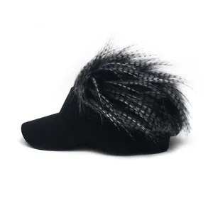 Hip hop black visor with thick black and white synthetic wig hair for men and women