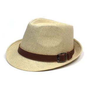Classic beige woven straw fedora hat for men featuring a brown leather decorative band
