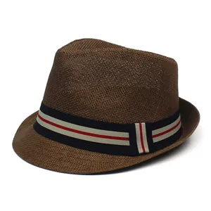 Brown straw fedora hat for men with stylish red and navy striped ribbon band decoration