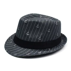 Classic fedora hat with white anchor patterns and vertical stripes on black fabric
