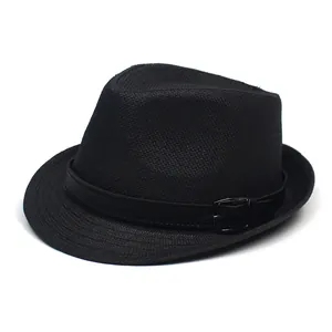 Classic black woven fedora hat with a leatherette belt and metal buckle on white background