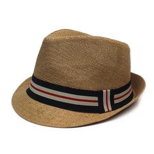Men's khaki paper straw fedora hat featuring stylish red and black striped ribbon band