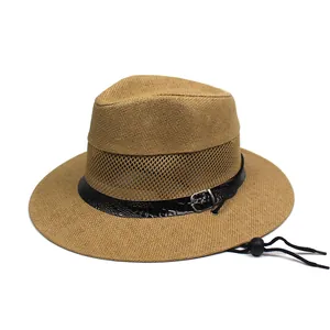 Cappello parasole in mesh traspirante kaki con cinturino in pelle e sottogola