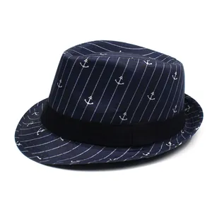 Men's navy blue fedora with white anchor patterns and stripes for summer sun protection