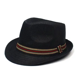Classic black straw fedora hat with elegant red and green striped band for sun protection
