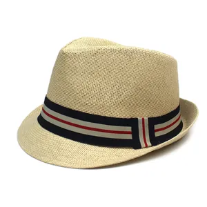 Men's stylish woven paper straw fedora hat with red and navy striped band in light beige
