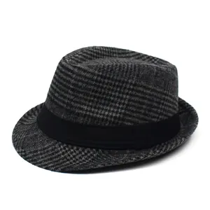 Classic men's plaid fedora hat with a black ribbon band and vintage textured fabric finish