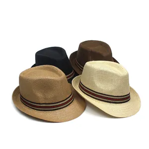 Classic straw fedora hats in multiple colors with stylish red and black striped ribbon bands