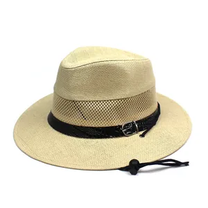 Cappello Fedora in Paglia di Carta con Fascia in Rete Traspirante Tesa Larga Cappello da Sole con Fibbia in Pelle per Spiaggia
