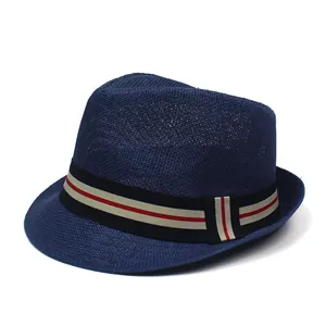 Classic dark blue straw panama fedora hat with a stylish red and black striped band