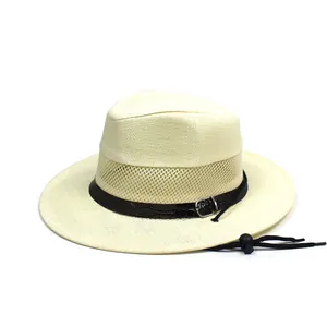 Cappello Panama in paglia beige traspirante con fascia in mesh, cintura in pelle e corda