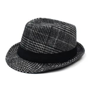 Classic plaid trilby hat for men featuring a textured herringbone pattern and black band