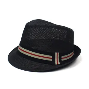 Men Summer Paper Straw Fedora Hat Casual Striped Ribbon Sun Protection Breathable Woven Jazz Hat For Outdoor Travel Beach Vacation