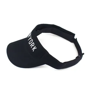 Detail view of the black sun visor hat with white New York embroidery and cotton texture