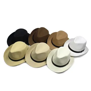 Top view of seven colors of summer straw fedora hats with stylish belt buckles