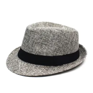 Classic grey fedora hat with black ribbon, lightweight sun protection for beach or travel