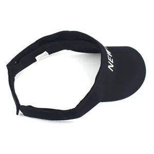 Detail view of black sun visor hat with New York embroidery and adjustable velcro strap