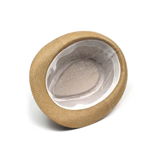 Detail view of straw sun hat interior showing 100% paper material label and sweatband