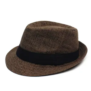 Breathable brown summer fedora sun hat with classic black ribbon band for outdoors