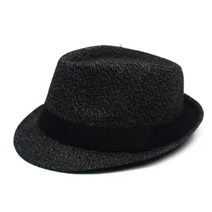 Classic men's tweed fedora hat with a black grosgrain ribbon on a white background