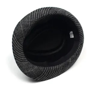 Classic grey plaid fedora hat for men featuring a soft brushed wool finish and interior lining