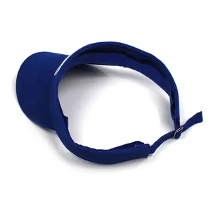 Detail view of electric blue cotton sun visor with adjustable metal buckle on back strap