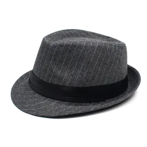 Vintage Pinstripe Fedora Hat Men Polyester Cotton Blend Short Brim Jazz Hat With Satin Ribbon Sunshade Casual Panama Cap