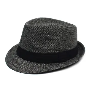 Classic men's salt and pepper fedora hat with black band and textured wool blend finish