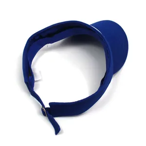 Detail of royal blue sun visor hat featuring adjustable back strap and wide brim cotton fabric