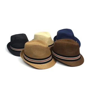 Collection of summer straw fedora hats in five colors with classic tri-color striped bands