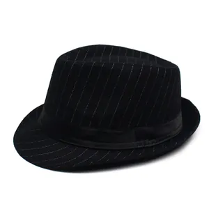 Classic black pinstripe fedora hat for men with elegant satin band on white background