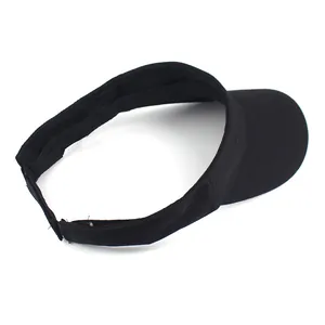 Detailed inner view of black canvas sun visor hat showing stitching and adjustable strap