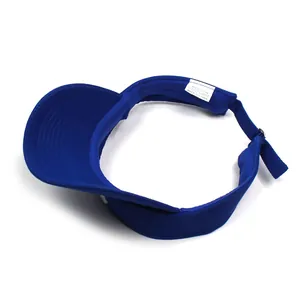 Detail view of the 100% cotton label and adjustable strap on a navy sun visor hat