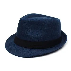 Classic dark blue woven sun hat with black decorative band and short brim for summer beach