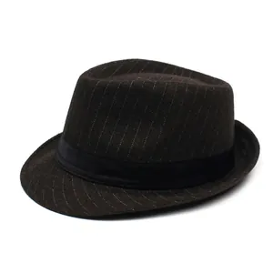 Classic dark brown pinstripe fedora hat with black ribbon band for men and women