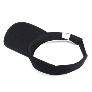 Detail view of the wide brim and inner wash label on a black adjustable sun visor hat