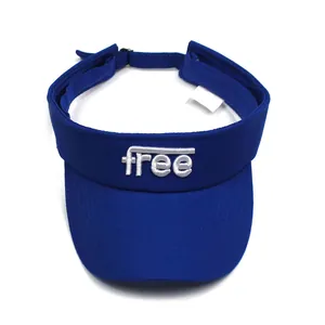 Detailed view of free letter embroidery on navy blue cotton sun visor cap