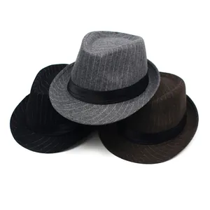 Set of three striped fedora hats in grey black and brown with black satin bands