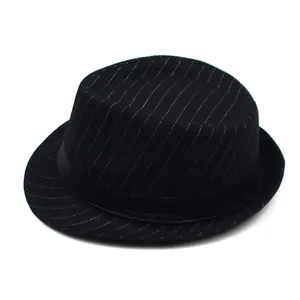 Close-up of black fedora hat with white pinstripes and elegant satin band detail