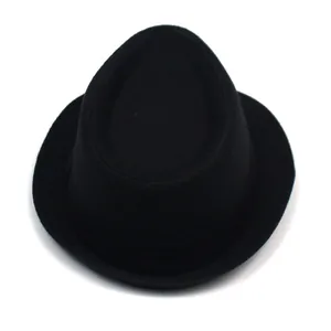 Top view of classic black trilby hat with tear-drop crown and narrow brim
