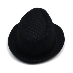 Detail view of black pinstripe fedora hat with classic indented crown and ribbon