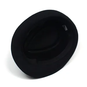 Detail shot of black trilby sun hat showing inner sweatband and premium fabric texture