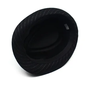 Men's black fedora hat with silver stripes shown from a top-down interior perspective