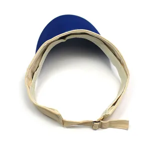Detail of adjustable silver metal buckle and two-tone cotton fabric on sun visor hat