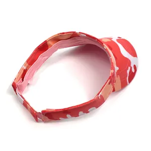 Detail of adjustable velcro strap and pink sweatband on red camo sun visor cap