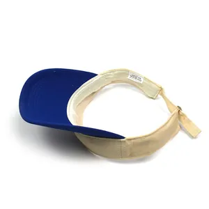 Detail of 100% cotton open top sun hat showing blue brim, beige strap and inner sweatband